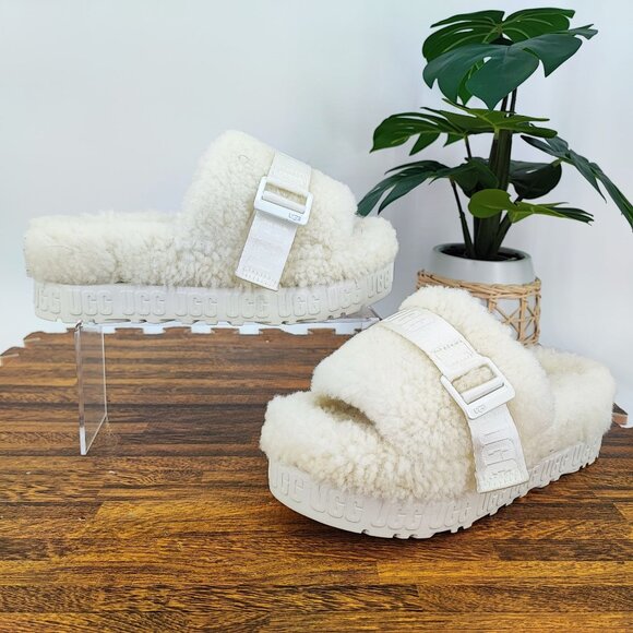 UGG Shoes - UGG Women’s Fluffita White Curly Sheepskin Slingback Fur Sandals Size 7